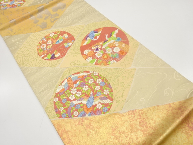 アンティーク　丸に花鳥・宝尽くし模様織り出し袋帯（材料）